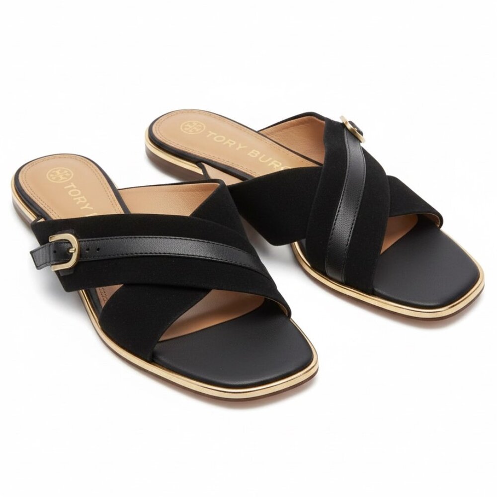 Tory Burch Delaney Flat Slide Sandals, Black Suede and Gold, Leather, Size 8.5